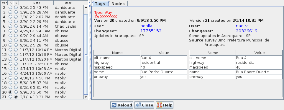 For example, I can deduce that this object in the history dialog is a way because it has a "Nodes" tab, but nowhere it's explicitly saying that this history is of a way. Also, we can't see the object id (only versions and changesets, but not its id). Maybe this info could be included like the example in red? (with a better presentation, of course)