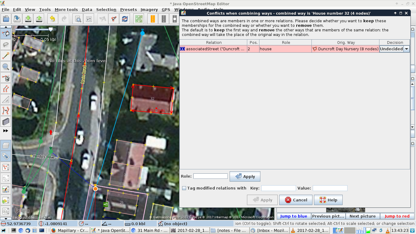 JOSM screen following pressing <OK> in terracer dialog, including unnecessary conflict-resolution dialog