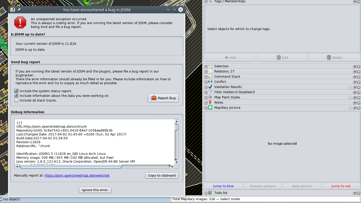 Screenshot of JOSM with the exception report.