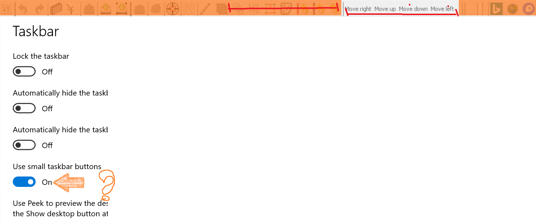 toolbar move_up move_don move_left move_right make into icons to save some pixel space and allow room to add more buttons