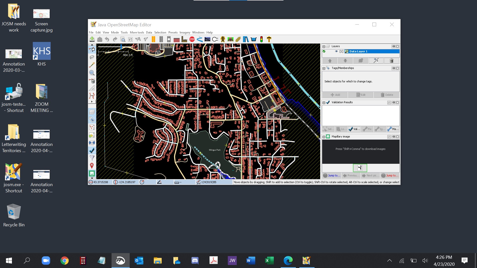 Screen capture of JOSM window after activating Mapillary and attempting to download data
