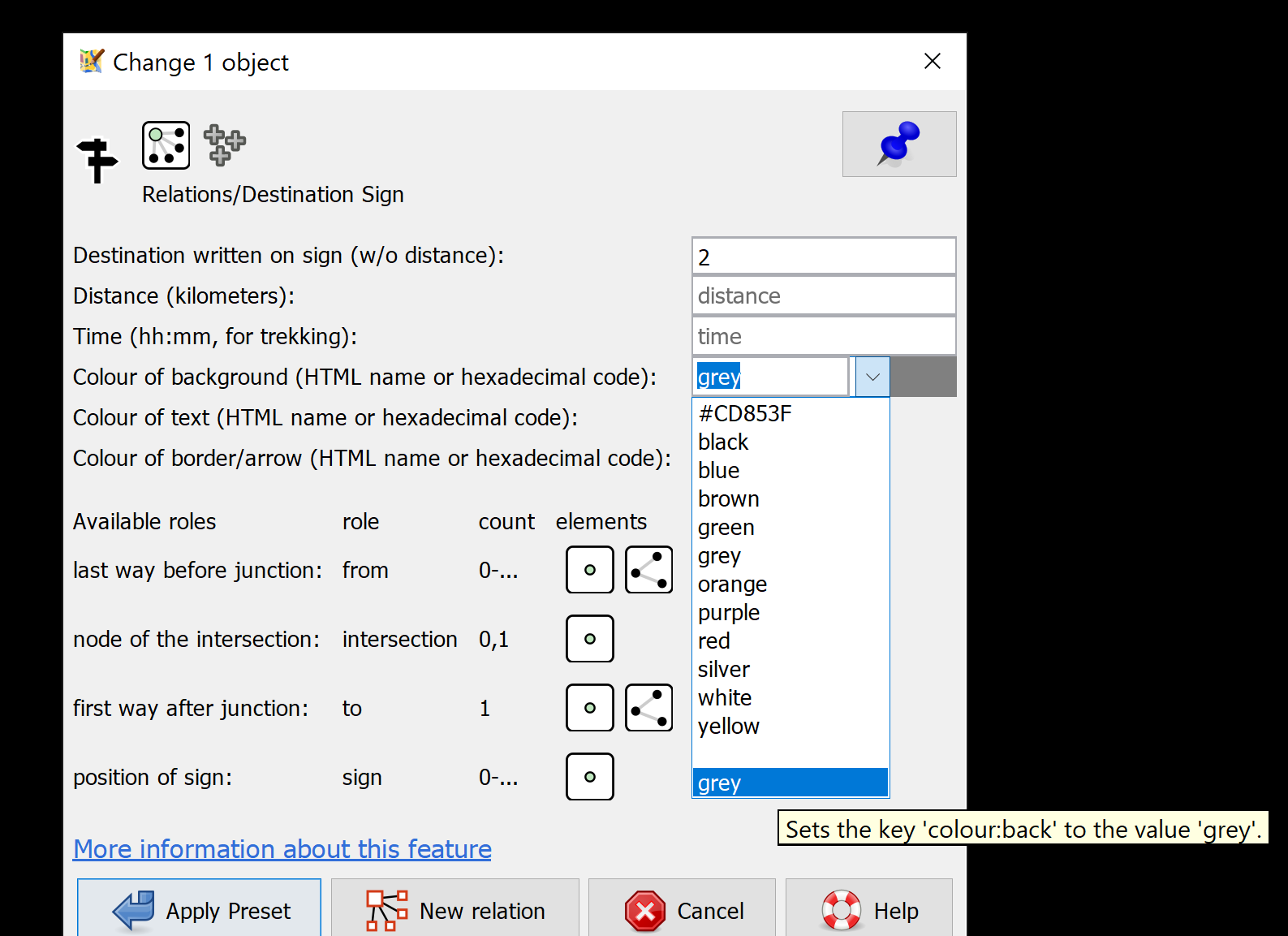 The selected value is "grey", the tooltip says "grey", and the actually inserted key value is "gray"