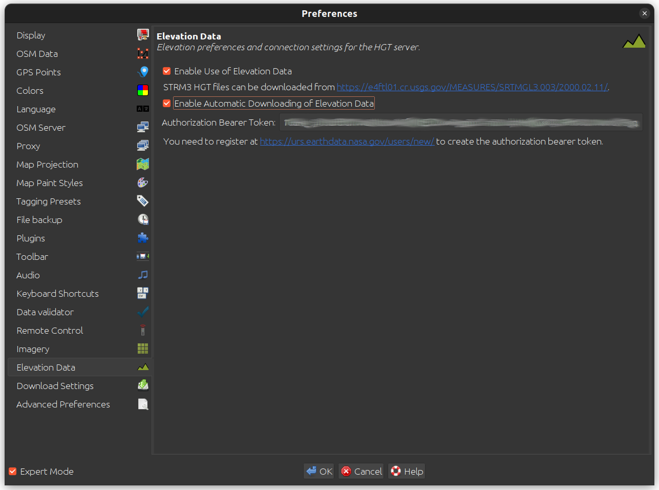 Screenshot of elevation data preferences tab
