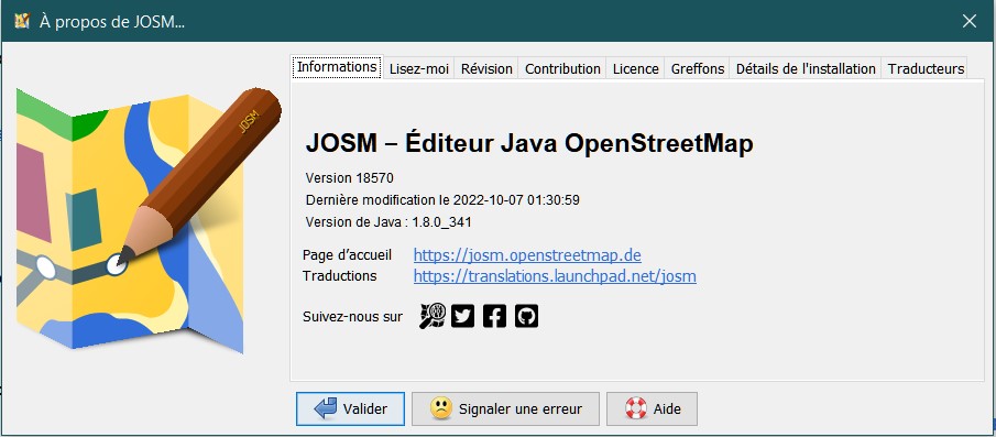 onglet "Informations" de la fenêtre pop-up "À propos" - modif icône Signaler une erreur