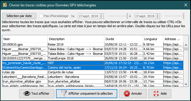 boîte de dialogue pour choisir la visibilité des traces avec deux traces sélectionnées.
