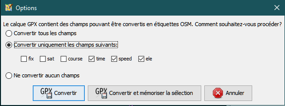 Options de conversion des calques gpx