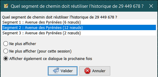 Boîte de choix du segment qui va conserver l'Id et l'historique 