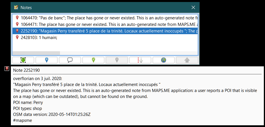 affichage d'une note dans la fenêtre d'édition ; panneau des notes