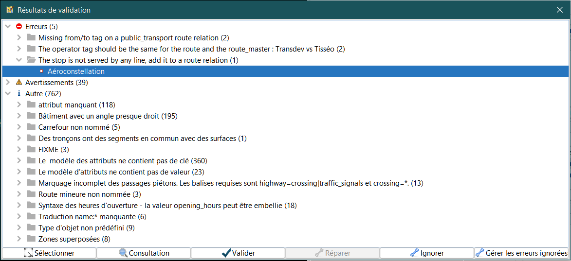 Fenêtre Résultats de validation