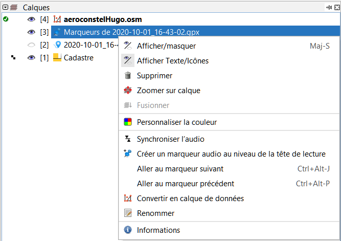 menu contextuel d'un calque de marqueurs