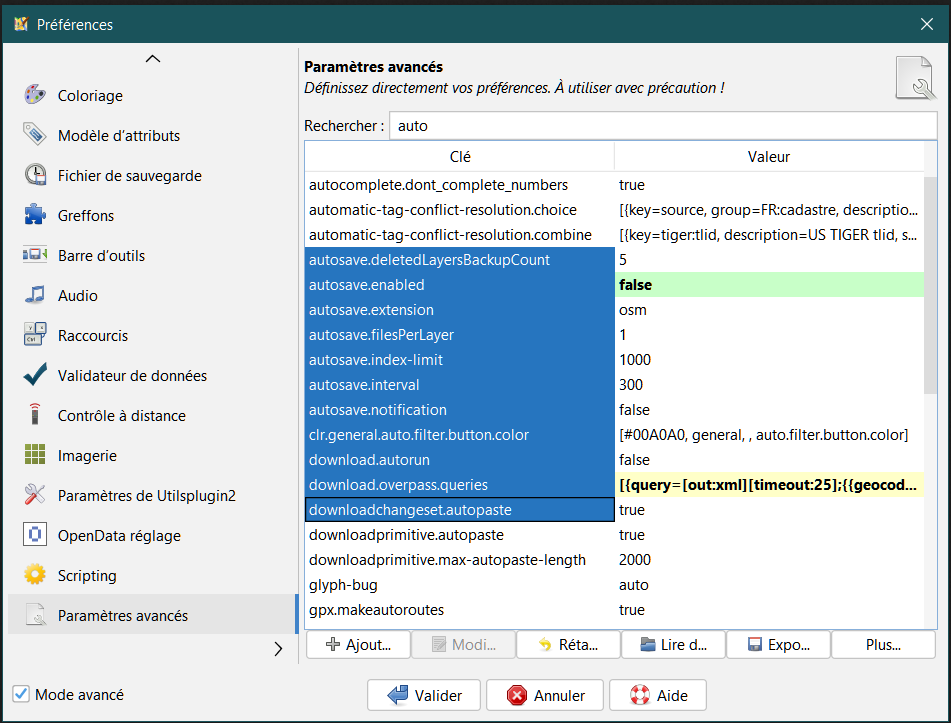 Préférences - Paramètres avancés