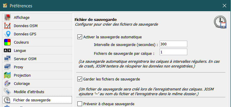 Préférences - Fichier de sauvegarde