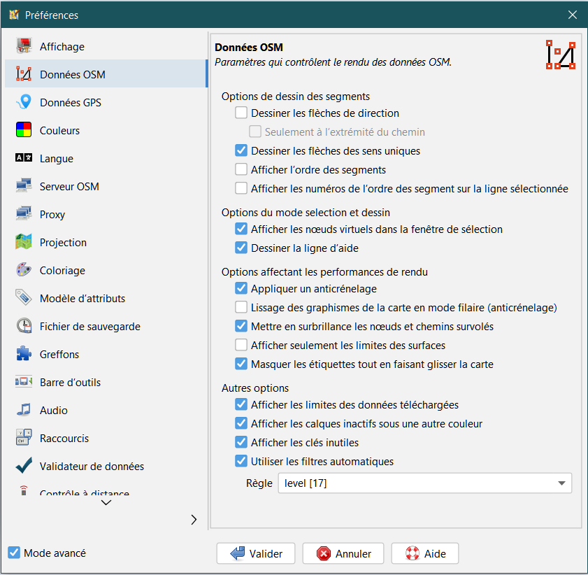 Préférences données OSM en mode Avancé