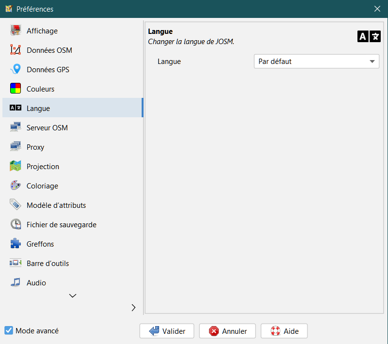 Choisir la langue de l'interface utilisateur de JOSM