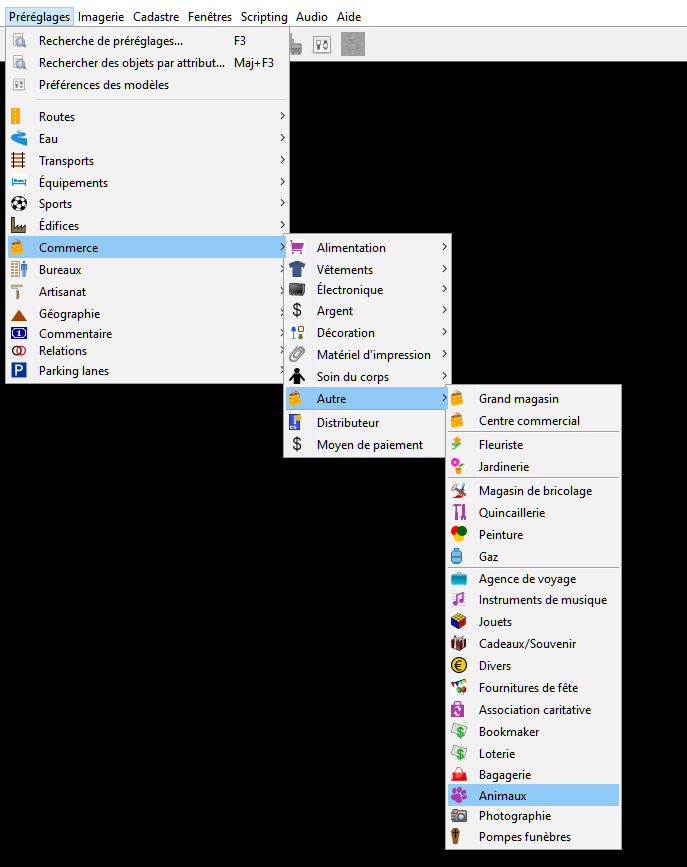 Menu "Préréglages" dans le menu principal
