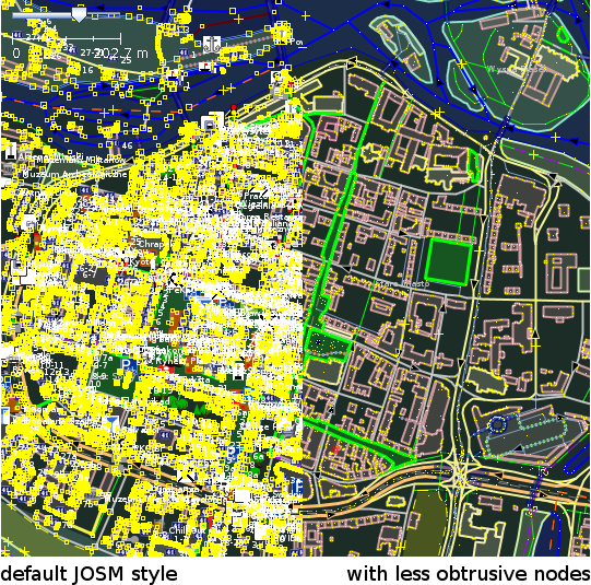Comparison of default JOSM style and Less Obtrusive Nodes (NOZIP) Comparison of default JOSM style and Less Obtrusive Nodes (NOZIP)